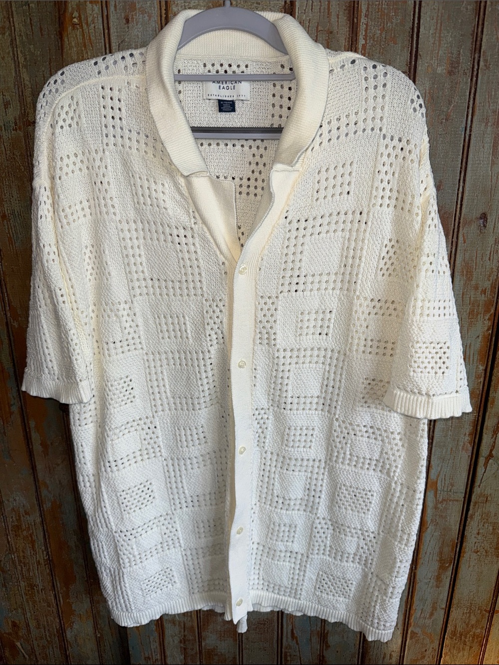 American Eagle Outfitters Cream Open-Weave Short Sleeve Button Shirt